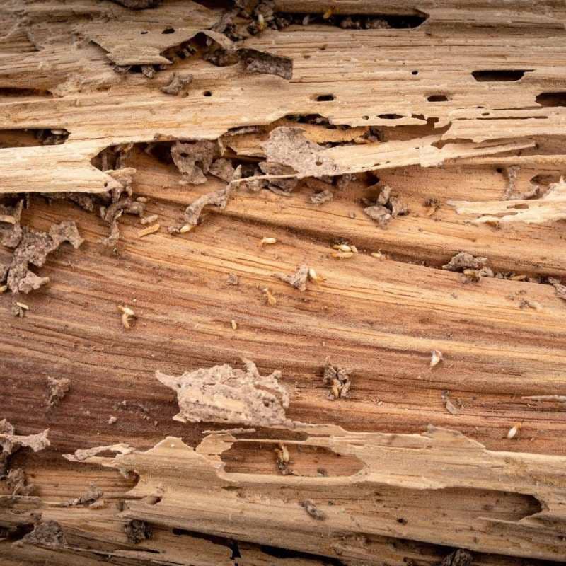 Bois rongé par les termites laissant apparaître les galeries et la vermoulure