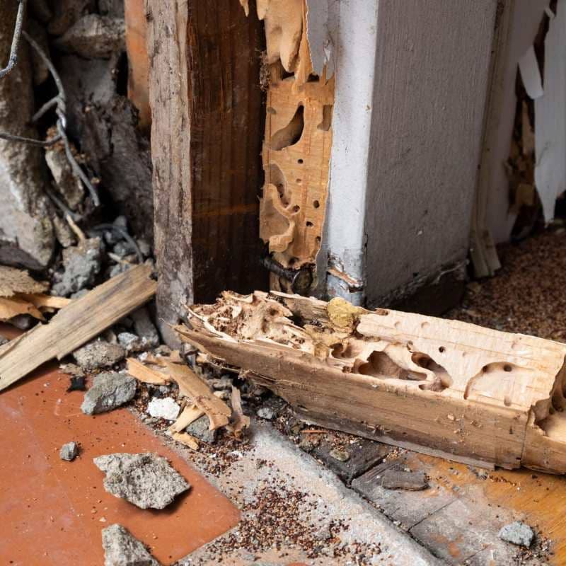Encadrement de porte en bois rongé par les termites au ras du sol dans une habitation